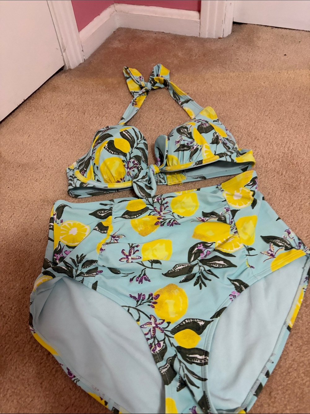 High-Waist Lemon Print Bikini Set - Yellow/Blue